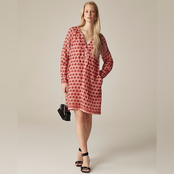 New! J. Crew Cabana Mini Dress in Block Print 100% Ramie - Coral Multi - 3X - Picture 1 of 12
